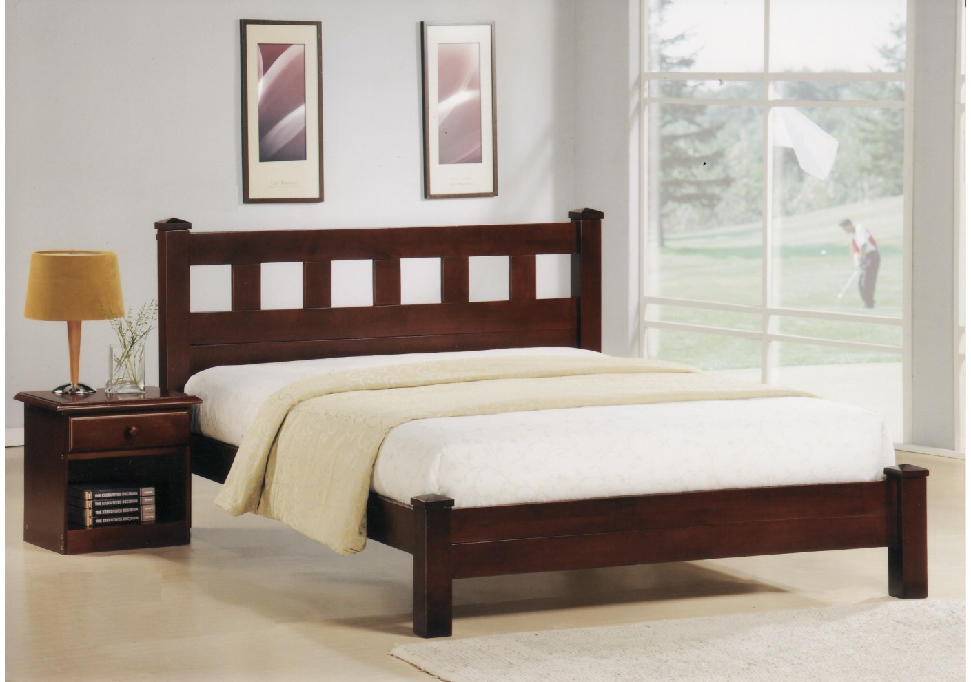 Lit 140x190 Squadra En Hevea Massif Teinte Merisier Chambre