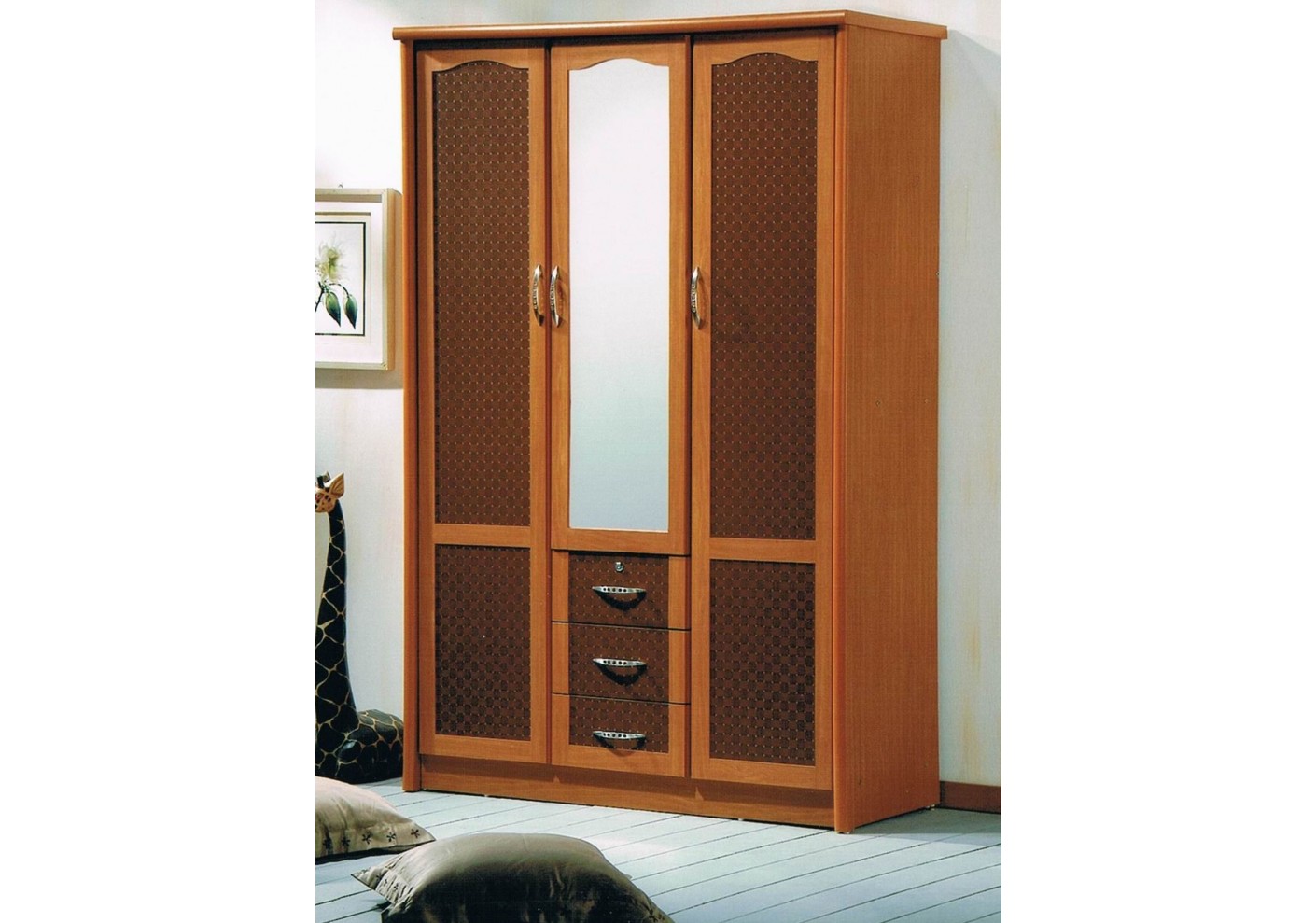 Armoire 3 Portes 3 Tiroirs 1 Miroir Lagon Merisier Rangement