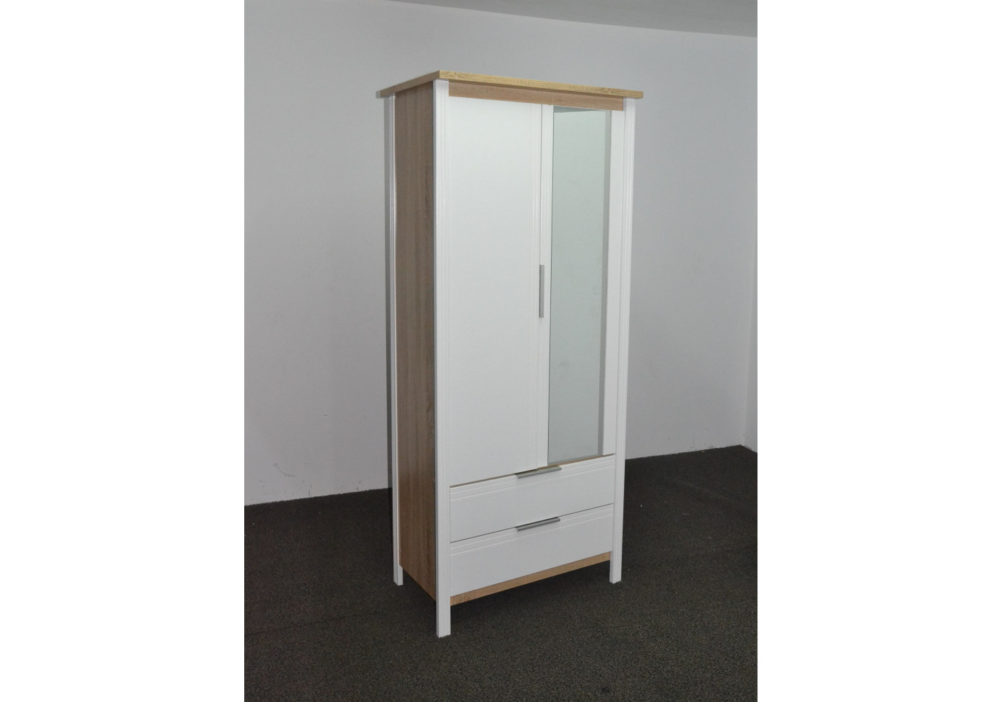 Armoire 2 Portes 2 Tiroirs Miroir Kent Chene Clair Blanc