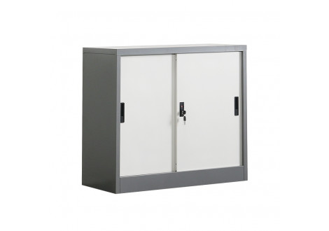 Armoire basse 2 portes coulissantes H90 cm gris clair métallique