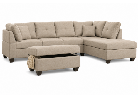 Canapé d'angle avec pouf MEMPHIS tissu lin marron/pvc noir Médiane côté DROITE