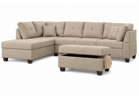 Canapé d'angle avec pouf MEMPHIS tissu lin marron/pvc noir Médiane côté GAUCHE