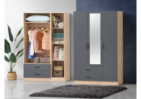 Armoire ANEMONE 3 Portes/2 Tiroirs  chêne clair/gris