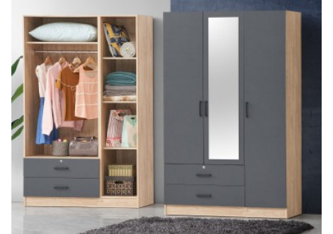 Armoire ANEMONE 3 Portes/2 Tiroirs  chêne clair/gris