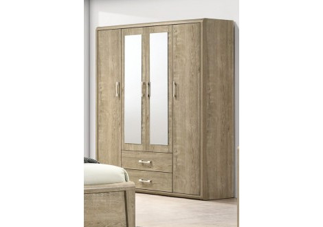 Armoire KARL 4 Portes / 2 Tiroirs / 1 Miroir chêne 