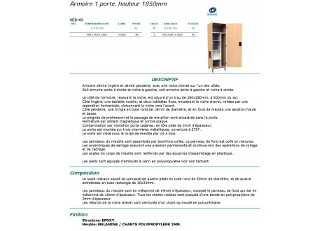 Armoire LYDIE pour internat 1 porte avec penderie et niche de chevet 