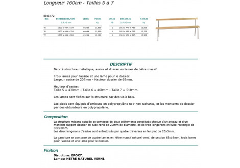 Banc BOSTON L160 cm avec dossier - enseignement