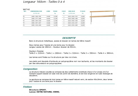 Banc BOSTON L160 cm avec dossier - maternelle