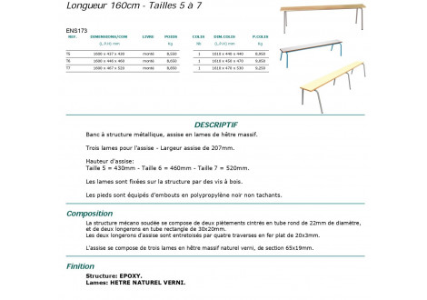 Banc BOSTON L160 cm sans dossier - enseignement