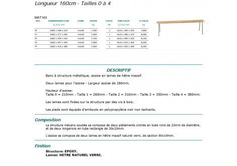 Banc BOSTON L160 cm sans dossier - maternelle