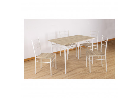 Ensemble Table + 4 chaises FELIZ décor chêne clair et pieds blanc