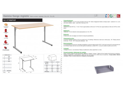 Gamme Gange réglable Table scolaire réglable 130 x 50 - T3 à T6