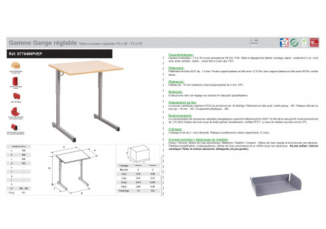 Gamme Gange T3 à T6 réglable 70 x 50 Table scolaire réglable