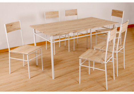 Ensemble Table + 6 chaises JAZZY chêne clair et pieds blancs