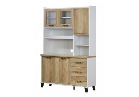 Buffet vaisselier July 3 portes 2 portes vitrées 3 tiroirs chêne doré et blanc