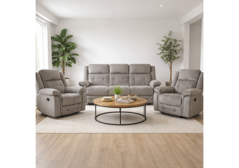 Ensemble Salon recliner 3 pièces MELBOURNE Tissus Gris clair (1 canapé 3 places relax / 2 fauteuils 1 place relax)