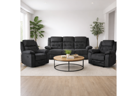 Ensemble salon recliner 3 pièces MELBOURNE gris foncé (1 canapé 3 places/ 2 fauteuils 1 place relax)