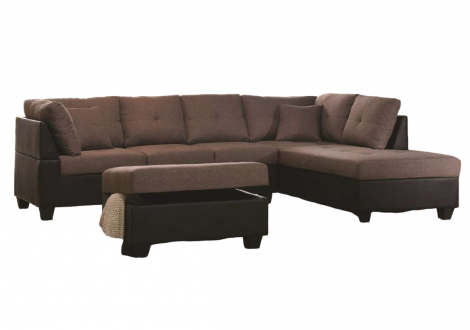 Canapé d'angle avec pouf MEMPHIS tissu lin marron/pvc noir Médiane côté DROITE
