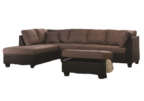 Canapé d'angle avec pouf MEMPHIS tissu lin marron/pvc noir Médiane côté GAUCHE