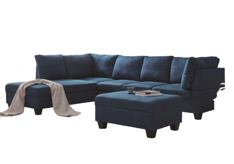 Canapé d'angle avec pouf MEMPHIS tissu bleu gauche