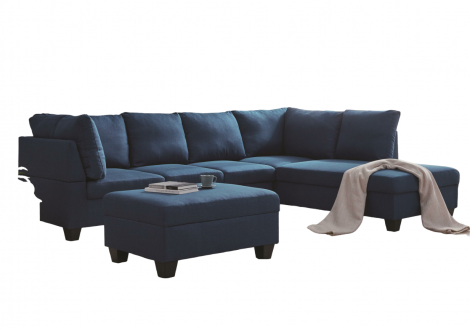 Canapé d'angle avec pouf MEMPHIS tissu bleu Droite