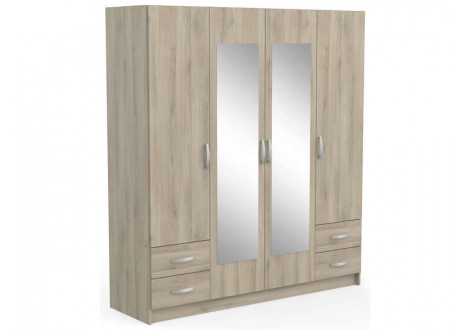 Armoire POP chêne 4 portes 2 miroirs 2 tiroirs