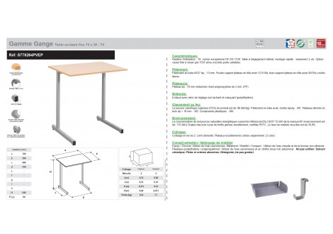 Gamme Gange T4 - 70 x 50 Table scolaire