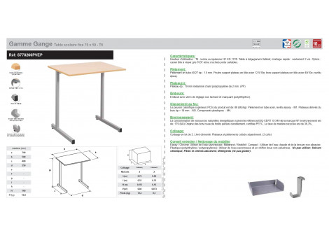 Gamme Gange T6 - 70 x 50 Table scolaire 