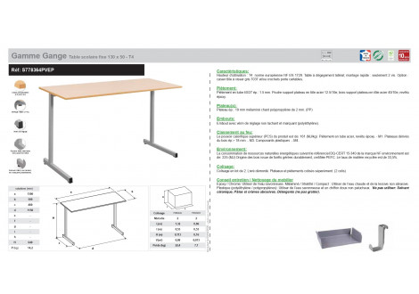 Gamme Gange T4 - 130 x 50 Table scolaire