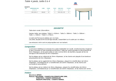 Table demi-ronde T0 T1 T2 T3 T4 - maternelle (demi-lune)