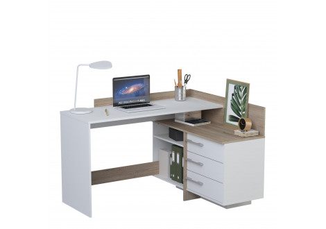 Bureau THALES d'angle 3 tiroirs - Décor chêne et blanc