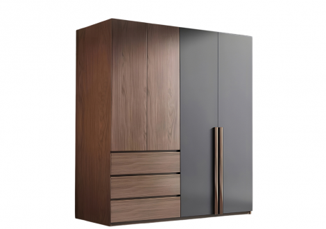 Armoire SUZY 4 portes décor noyer et gris