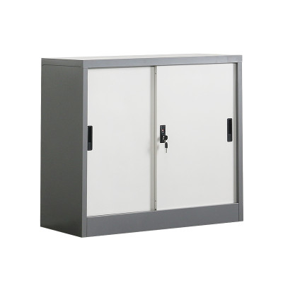 Armoire basse 2 portes coulissantes H90 cm gris clair métallique