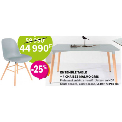 Table + 4 chaises  MALMO GRIS