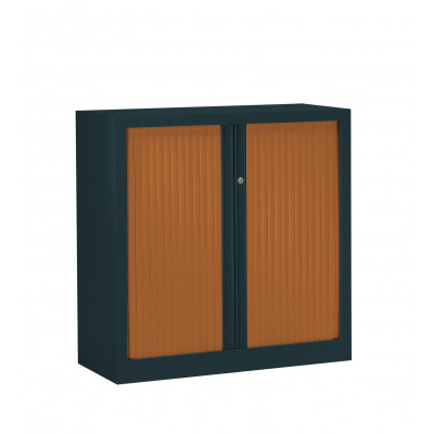 Armoire métal basse à rideaux L120 H100 cm coloris anthracite/portes cherry