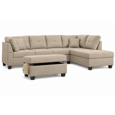 Canapé d'angle avec pouf MEMPHIS tissu lin marron/pvc noir Médiane côté DROITE