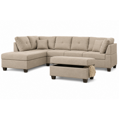 Canapé d'angle avec pouf MEMPHIS tissu lin marron/pvc noir Médiane côté GAUCHE