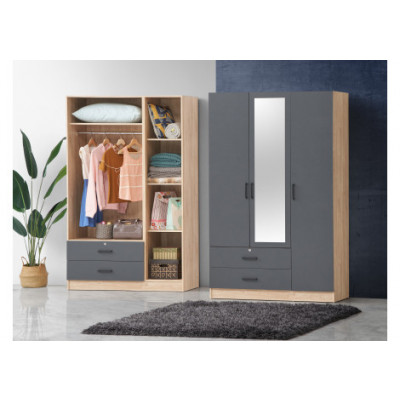 Armoire ANEMONE 3 Portes/2 Tiroirs  chêne clair/gris