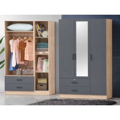 Armoire ANEMONE 3 Portes/2 Tiroirs  chêne clair/gris