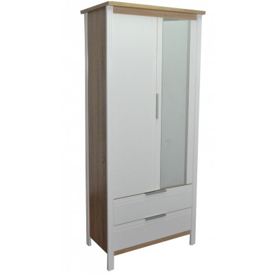 Armoire 2 portes/2 tiroirs + miroir KENT chêne clair/blanc