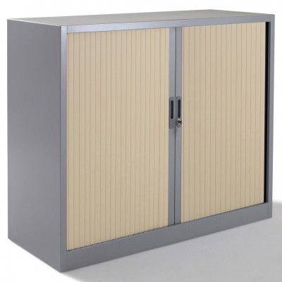 Armoire métal basse à rideaux L120 H100 cm coloris gris/portes chêne