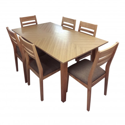 Ensemble Table + 6 chaises EMMA en bois massif (hévéa) teinté chêne 