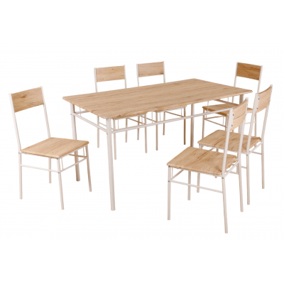 Ensemble Table + 6 chaises JAZZY chêne clair et pieds blancs