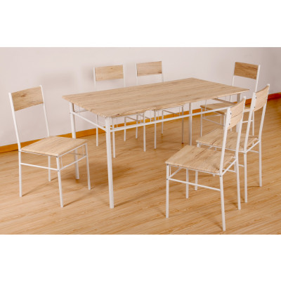 Ensemble Table + 6 chaises JAZZY chêne clair et pieds blancs