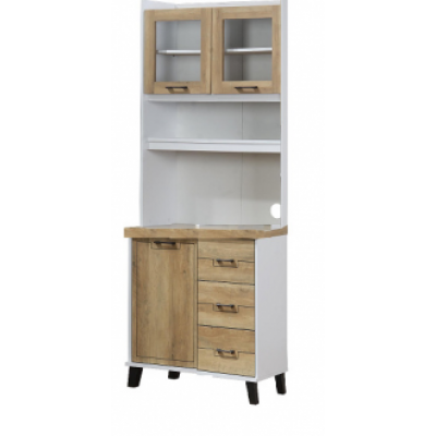 Buffet vaisselier July 1 porte 2 portes vitrées et 3 tiroirs chêne doré et blanc