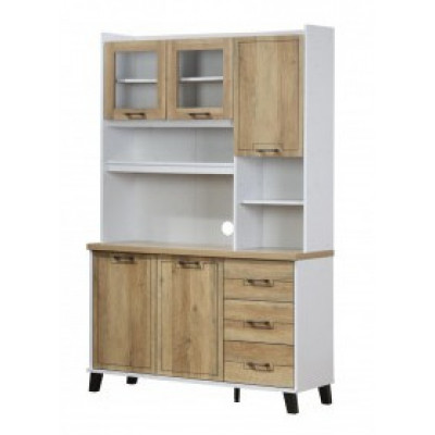 Buffet vaisselier July 3 portes 2 portes vitrées 3 tiroirs chêne doré et blanc