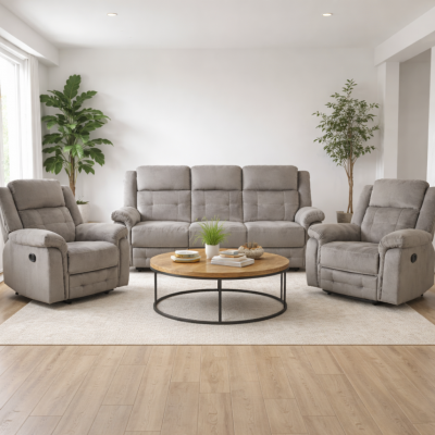 Ensemble Salon recliner 3 pièces MELBOURNE Tissus Gris clair (1 canapé 3 places relax / 2 fauteuils 1 place relax)