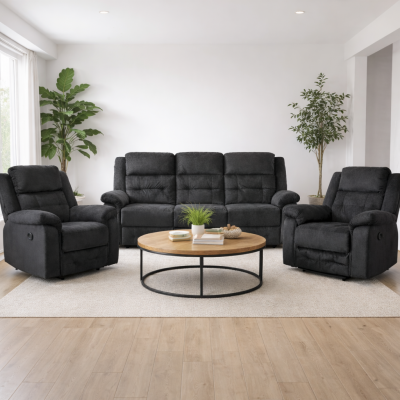 Ensemble salon recliner 3 pièces MELBOURNE gris foncé (1 canapé 3 places/ 2 fauteuils 1 place relax)