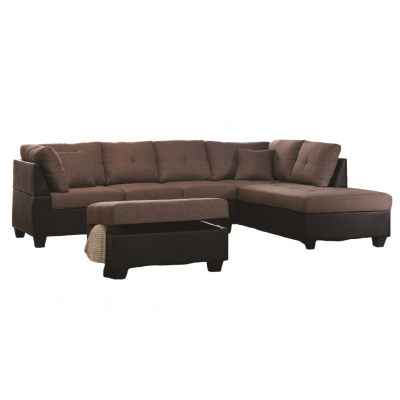 Canapé d'angle avec pouf MEMPHIS tissu lin marron/pvc noir Médiane côté DROITE