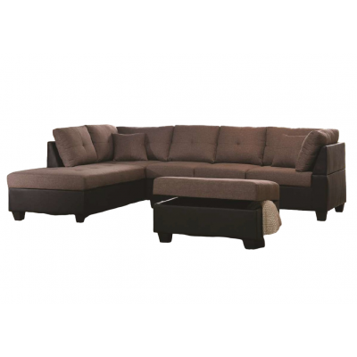 Canapé d'angle avec pouf MEMPHIS tissu lin marron/pvc noir Médiane côté GAUCHE